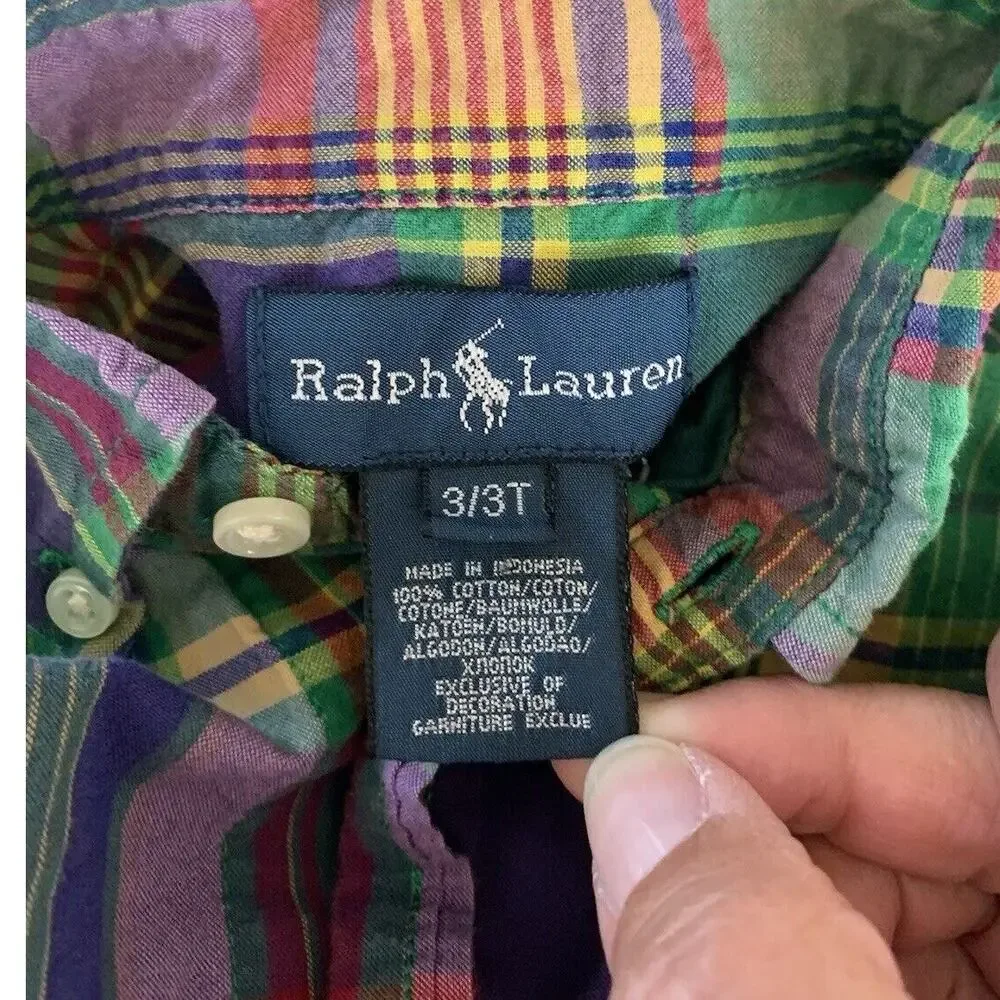 Ralph Lauren Long Sleeve Button Down Vibrant Colorful Plaid Shirt 3T 100% Cotton